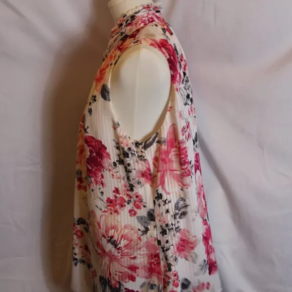 White House Black Market Sleeveless White/Pink Floral Blouse Women's Size 14 - Picture 3 of 12
